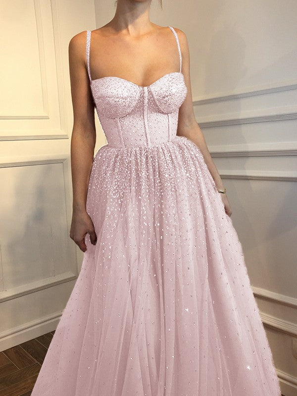A-Line Sleeveless Spaghetti Straps Floor-Length With Beading Tulle Prom Dress