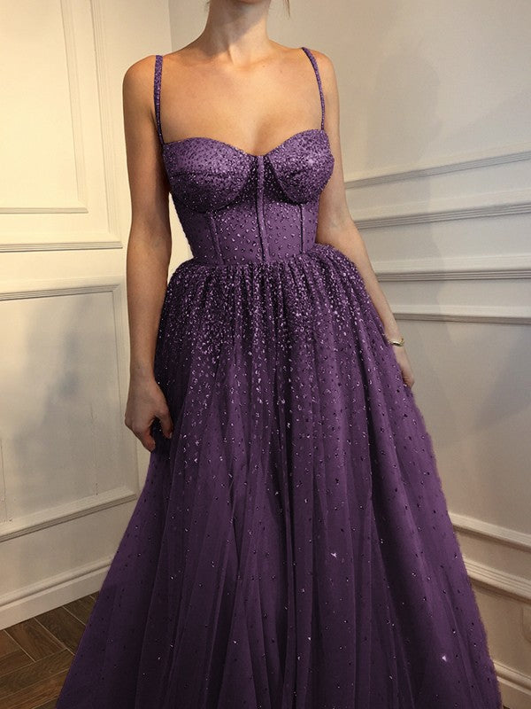 A-Line Sleeveless Spaghetti Straps Floor-Length With Beading Tulle Prom Dress