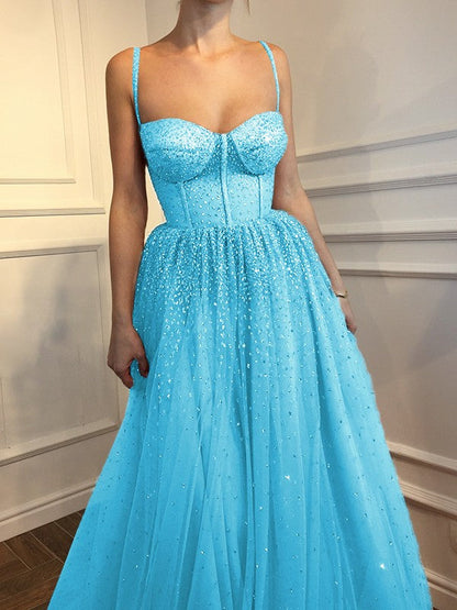A-Line Sleeveless Spaghetti Straps Floor-Length With Beading Tulle Prom Dress