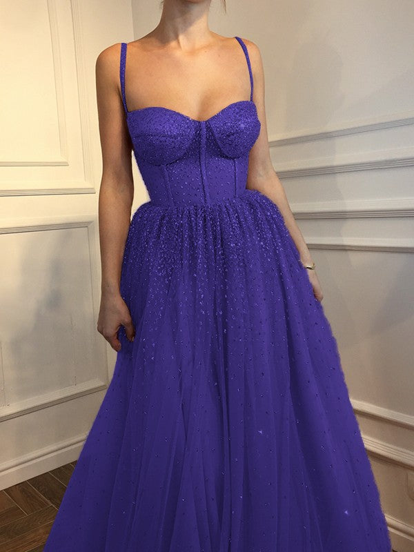 A-Line Sleeveless Spaghetti Straps Floor-Length With Beading Tulle Prom Dress