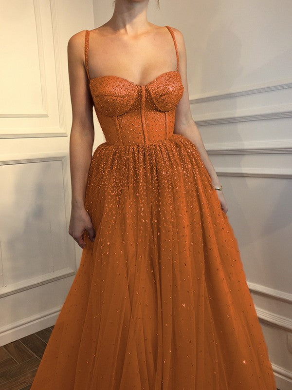 A-Line Sleeveless Spaghetti Straps Floor-Length With Beading Tulle Prom Dress