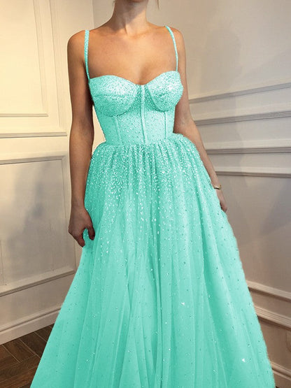 A-Line Sleeveless Spaghetti Straps Floor-Length With Beading Tulle Prom Dress