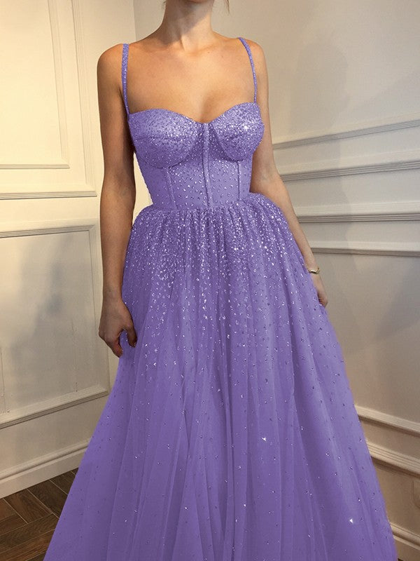 A-Line Sleeveless Spaghetti Straps Floor-Length With Beading Tulle Prom Dress