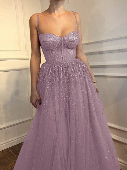 A-Line Sleeveless Spaghetti Straps Floor-Length With Beading Tulle Prom Dress