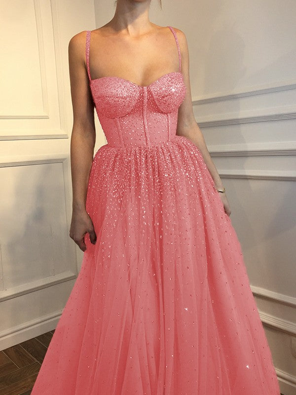 A-Line Sleeveless Spaghetti Straps Floor-Length With Beading Tulle Prom Dress