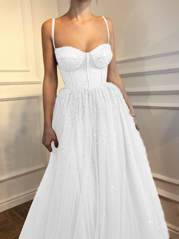 A-Line Sleeveless Spaghetti Straps Floor-Length With Beading Tulle Prom Dress