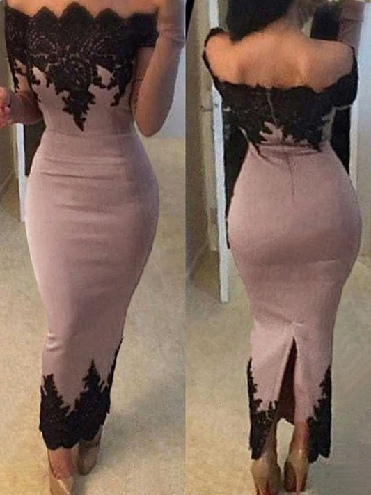 Sheath Long Sleeves Off-the-Shoulder Ankle-Length With Applique Elastic Woven Satin Prom Dress