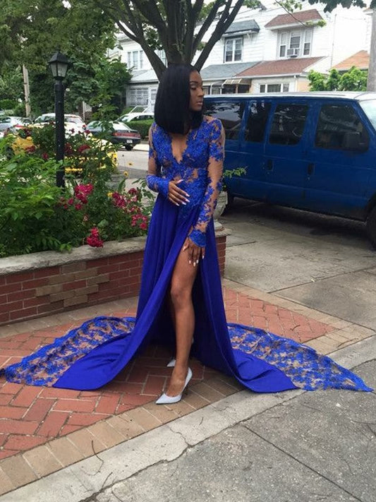 A-Line Long Sleeves V-neck Court Train With Applique Lace Prom Dress