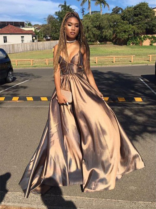 A-Line Sleeveless V-neck Floor-Length With Ruffles Satin Prom Dress