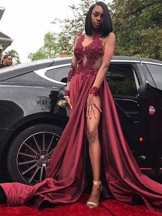 A-Line Long Sleeves V-neck Sweep/Brush Train With Applique Satin Prom Dress