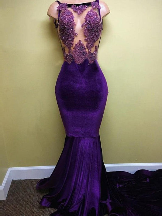 Mermaid Sleeveless Bateau Sweep/Brush Train With Applique Velvet Prom Dress