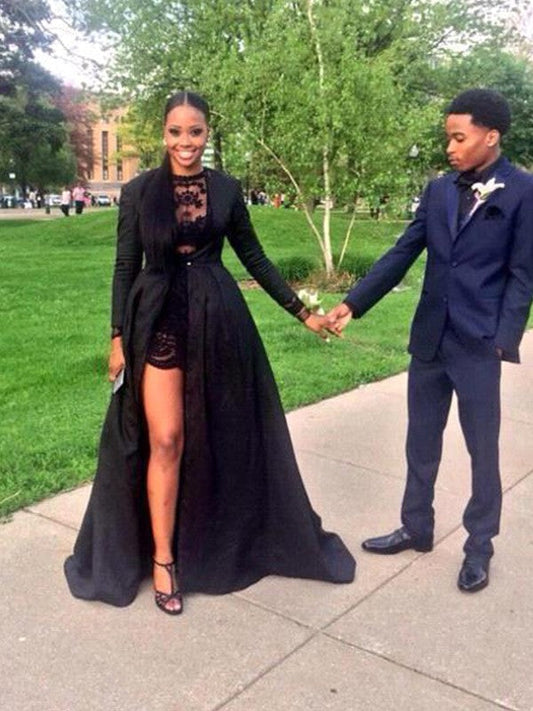 A-Line Long Sleeves Jewel Floor-Length Lace Satin Prom Dress