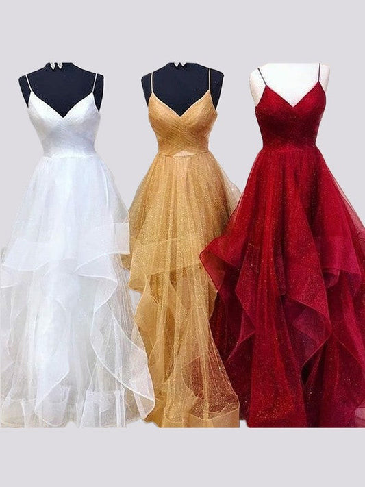 A-Line Sleeveless Spaghetti Straps Floor-Length Ruffles Prom Dress
