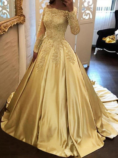Ball Gown Long Sleeves Off-the-Shoulder Floor-Length With Applique Satin Prom Dress