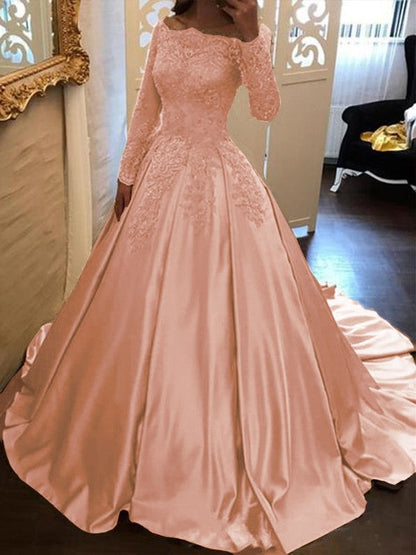 Ball Gown Long Sleeves Off-the-Shoulder Floor-Length With Applique Satin Prom Dress