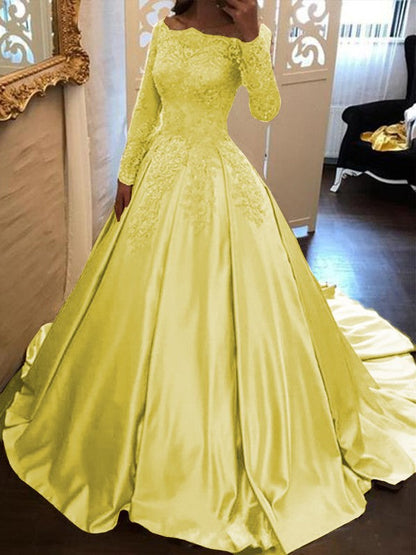 Ball Gown Long Sleeves Off-the-Shoulder Floor-Length With Applique Satin Prom Dress