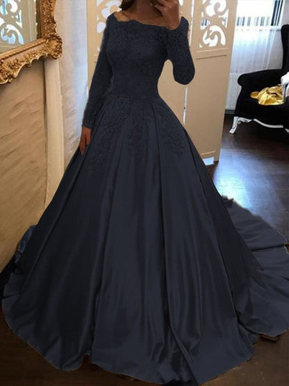 Ball Gown Long Sleeves Off-the-Shoulder Floor-Length With Applique Satin Prom Dress