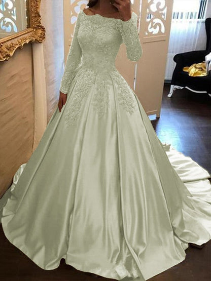 Ball Gown Long Sleeves Off-the-Shoulder Floor-Length With Applique Satin Prom Dress