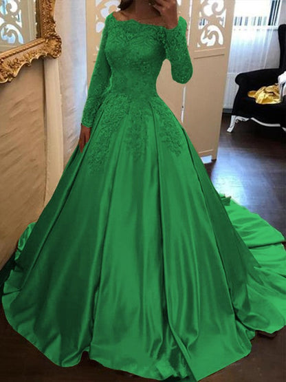 Ball Gown Long Sleeves Off-the-Shoulder Floor-Length With Applique Satin Prom Dress