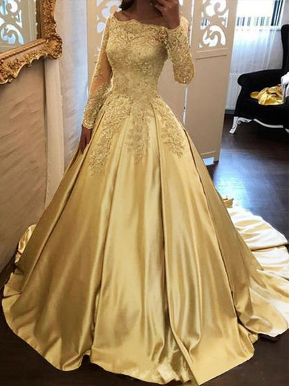 Ball Gown Long Sleeves Off-the-Shoulder Floor-Length With Applique Satin Prom Dress