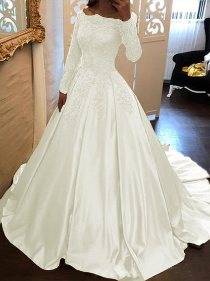 Ball Gown Long Sleeves Off-the-Shoulder Floor-Length With Applique Satin Prom Dress