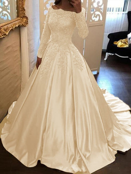 Ball Gown Long Sleeves Off-the-Shoulder Floor-Length With Applique Satin Prom Dress