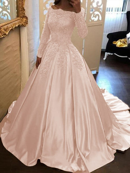 Ball Gown Long Sleeves Off-the-Shoulder Floor-Length With Applique Satin Prom Dress