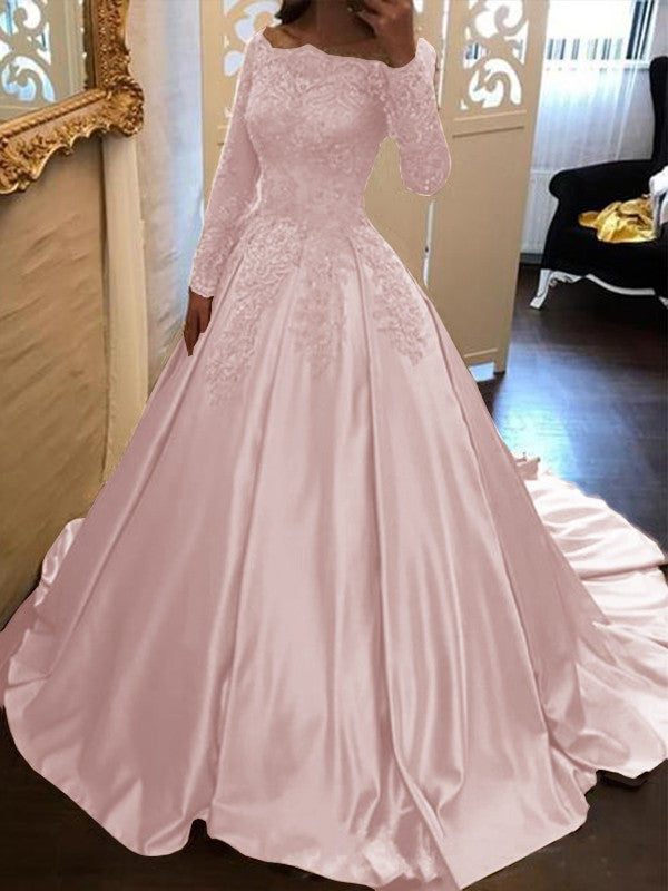 Ball Gown Long Sleeves Off-the-Shoulder Floor-Length With Applique Satin Prom Dress