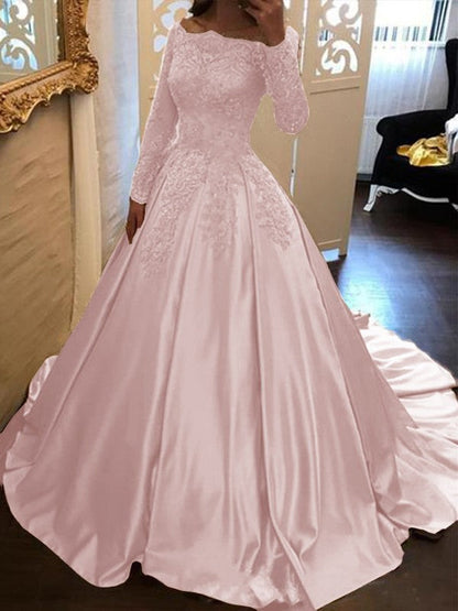 Ball Gown Long Sleeves Off-the-Shoulder Floor-Length With Applique Satin Prom Dress