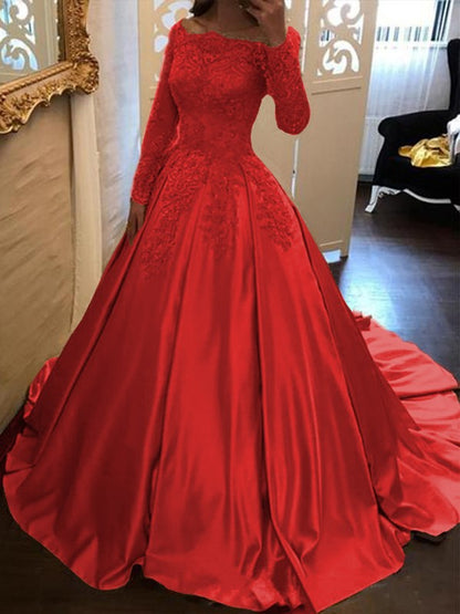 Ball Gown Long Sleeves Off-the-Shoulder Floor-Length With Applique Satin Prom Dress