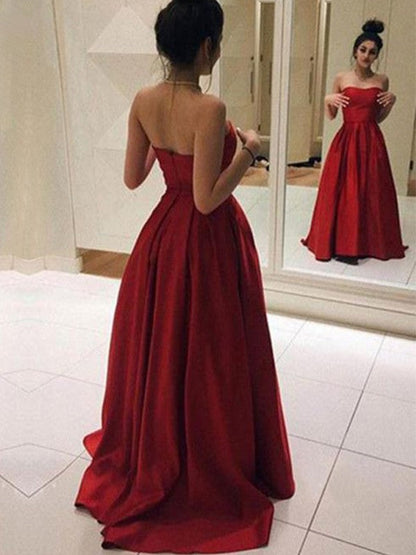 A-Line Sleeveless Strapless Sweep/Brush Train With Ruffles Stain Prom Dress
