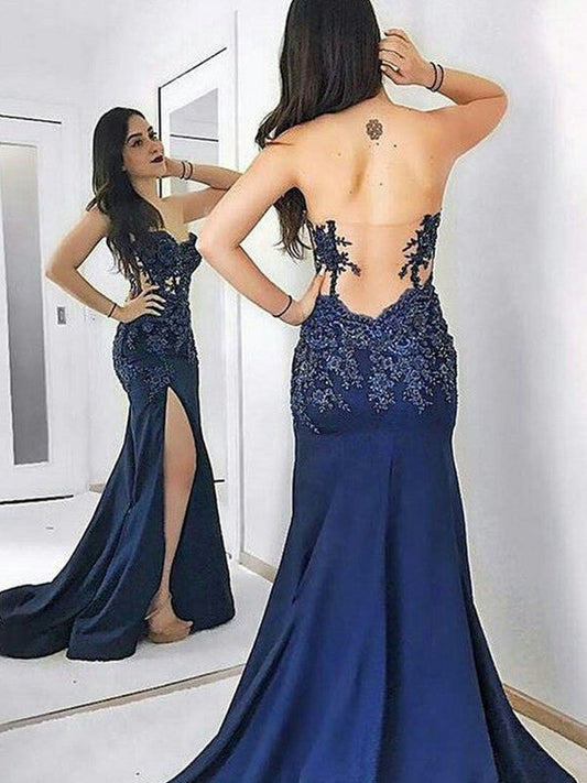 Sheath Sleeveless Sweetheart Sweep/Brush Train Lace Elastic Woven Satin Prom Dress