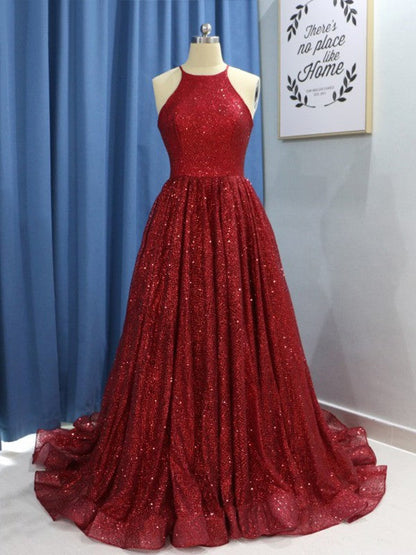 A-Line Sleeveless Jewel Sweep/Brush Train With Ruffles Sequins Prom Dress