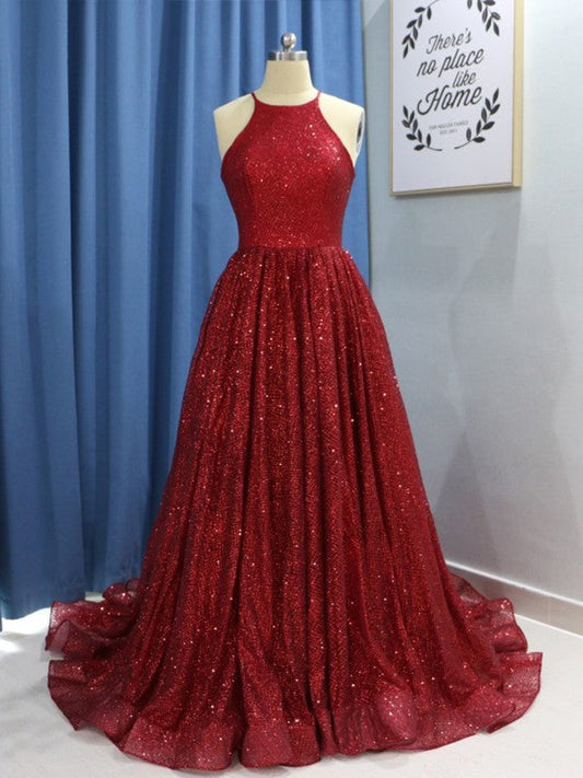 A-Line Sleeveless Jewel Sweep/Brush Train With Ruffles Sequins Prom Dress