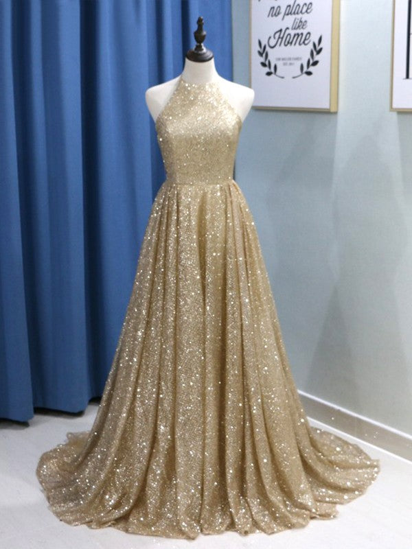 A-Line Sleeveless Jewel Sweep/Brush Train With Ruffles Sequins Prom Dress