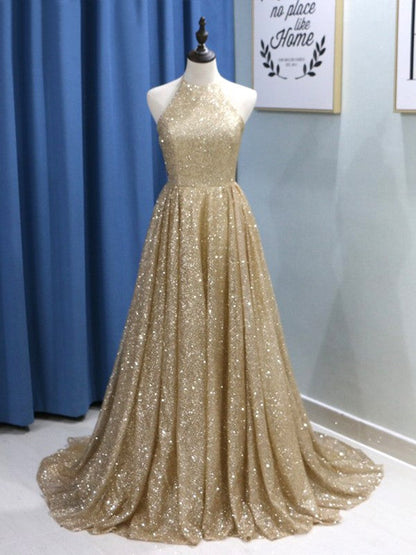 A-Line Sleeveless Jewel Sweep/Brush Train With Ruffles Sequins Prom Dress