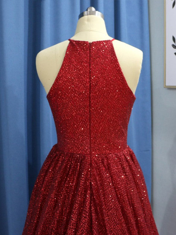 A-Line Sleeveless Jewel Sweep/Brush Train With Ruffles Sequins Prom Dress