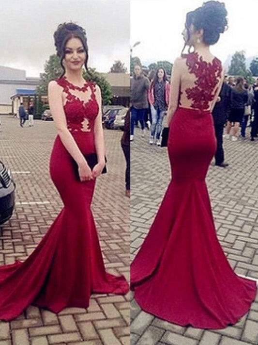Mermaid Sleeveless Scoop Sweep/Brush Train With Applique Stretch Crepe Prom Dress