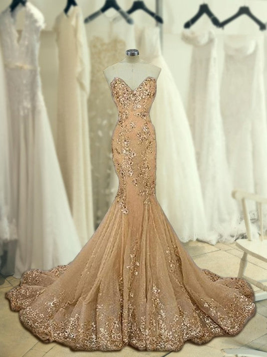 Mermaid Sleeveless Sweetheart Sweep/Brush Train Sequin Tulle Prom Dress