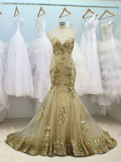 Mermaid Sleeveless Sweetheart Sweep/Brush Train Sequin Tulle Prom Dress