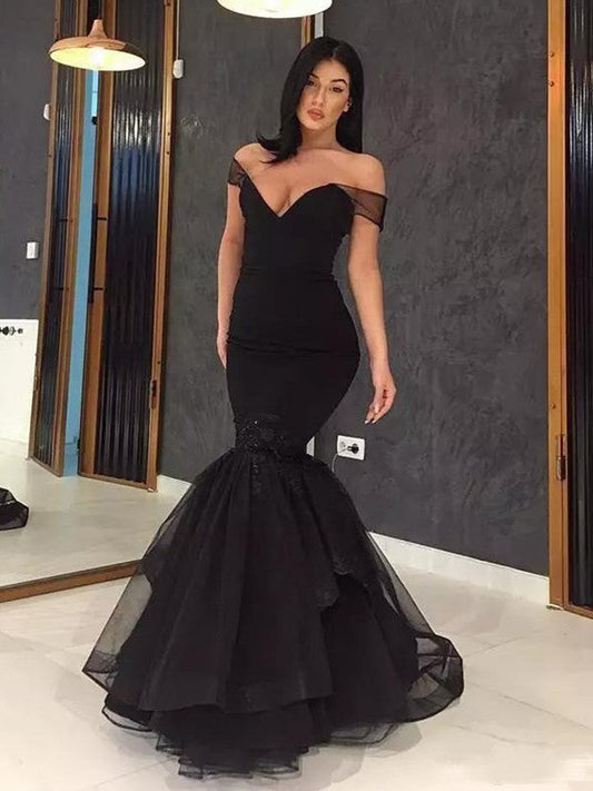 Mermaid Sleeveless Off-the-Shoulder Sweep/Brush Train With Ruffles Tulle Prom Dress