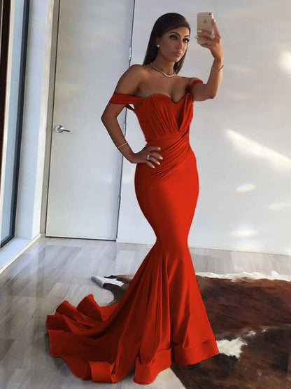 Mermaid Sleeveless Off-the-Shoulder Sweep/Brush Train With Ruffles Spandex Prom Dress