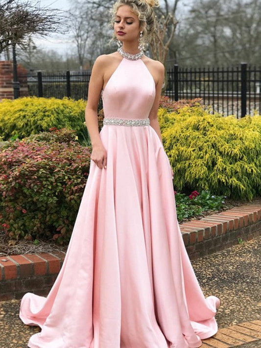 A-Line Sleeveless Halter Sweep/Brush Train With Beading Satin Prom Dress