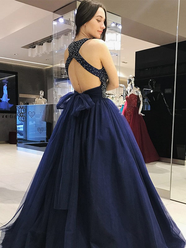 Ball Gown Sleeveless Halter Sweep/Brush Train With Beading Tulle Prom Dress