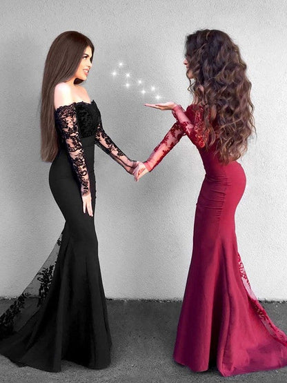 Mermaid Long Sleeves Off-the-Shoulder Sweep/Brush Train With Applique Stretch Crepe Prom Dress