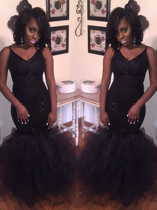 Mermaid Sleeveless V-neck Floor-Length Sequin Tulle Prom Dress