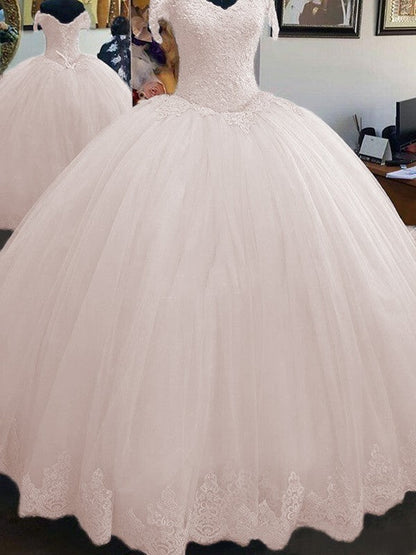 Ball Gown Sleeveless Off-the-Shoulder Floor-Length Lace Tulle Prom Dress