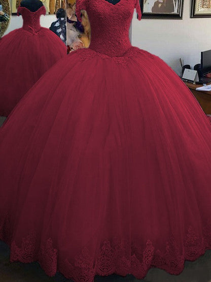 Ball Gown Sleeveless Off-the-Shoulder Floor-Length Lace Tulle Prom Dress