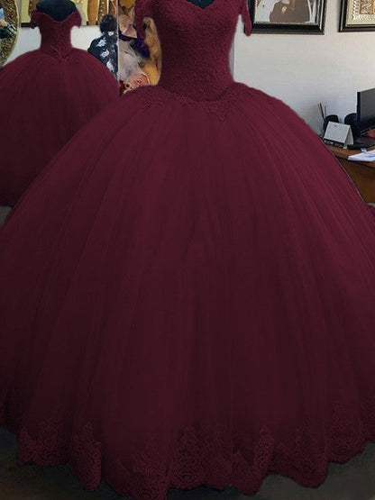 Ball Gown Sleeveless Off-the-Shoulder Floor-Length Lace Tulle Prom Dress