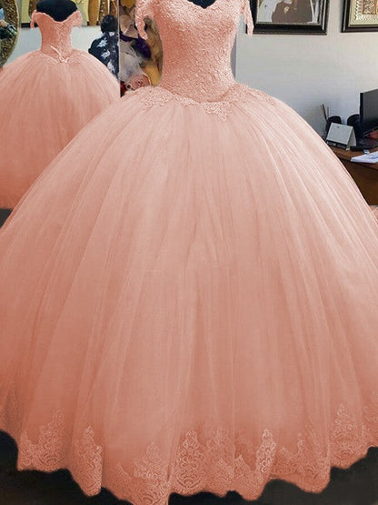 Ball Gown Sleeveless Off-the-Shoulder Floor-Length Lace Tulle Prom Dress